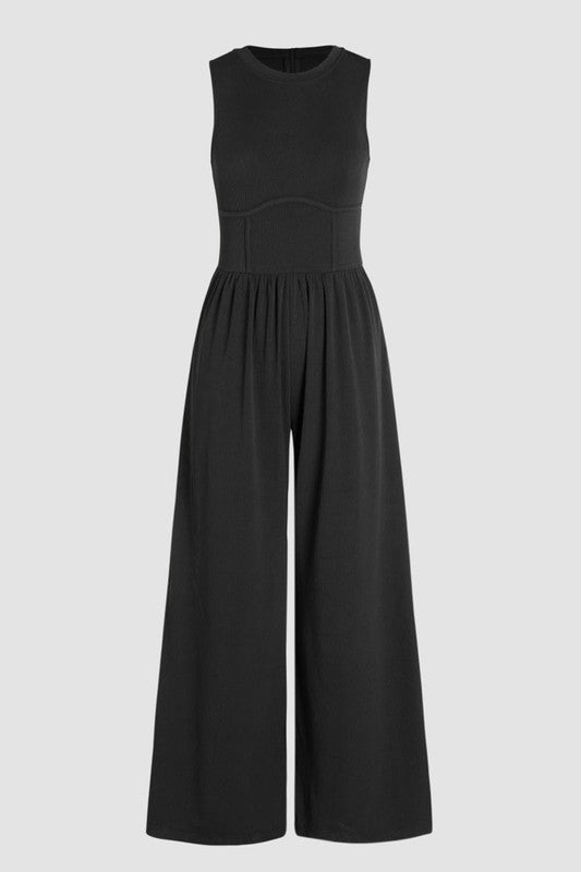 Cinched Waist Sleeveless Wide Leg Jumpsuit