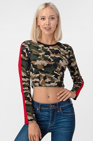 Women's knit cropped camo print top